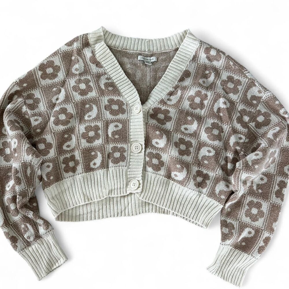 American Eagle Brown Cream Floral Cropped Cardigan Sweater M